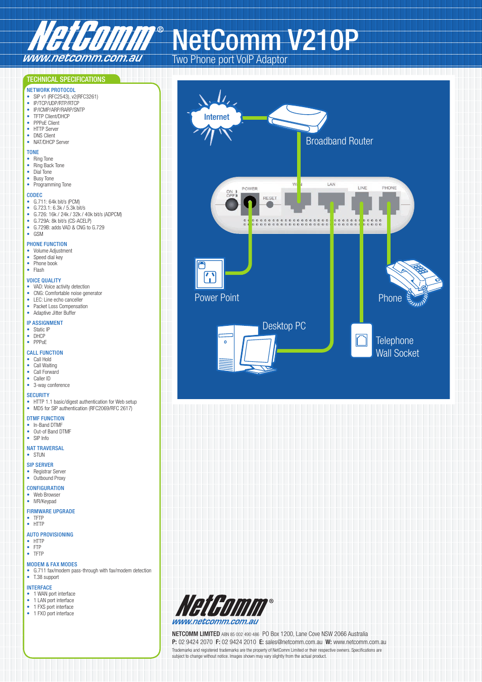 Netcomm v210p, Two phone port voip adaptor, Internet | NetComm V210P User Manual | Page 2 / 2