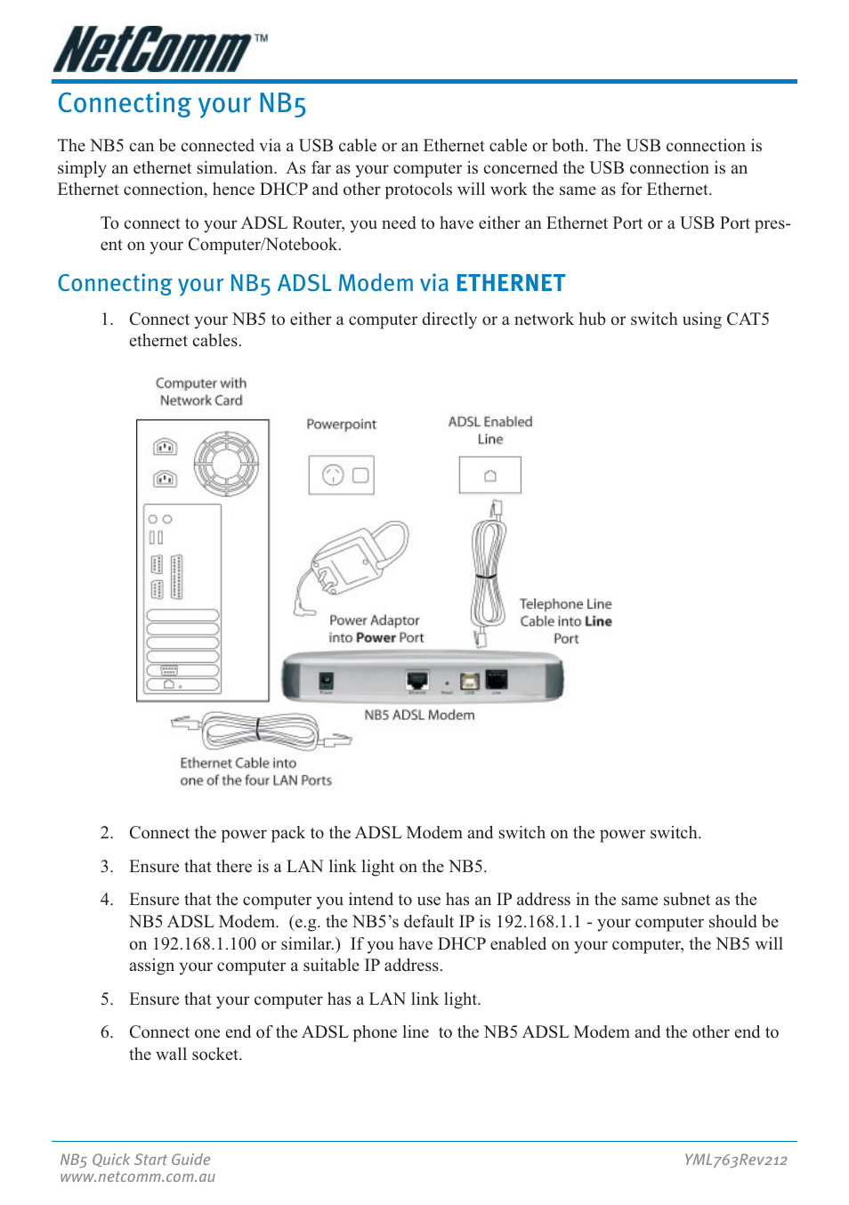 Connecting your nb5, Connecting your nb5 adsl modem via ethernet | NetComm NB5 User Manual | Page 12 / 28