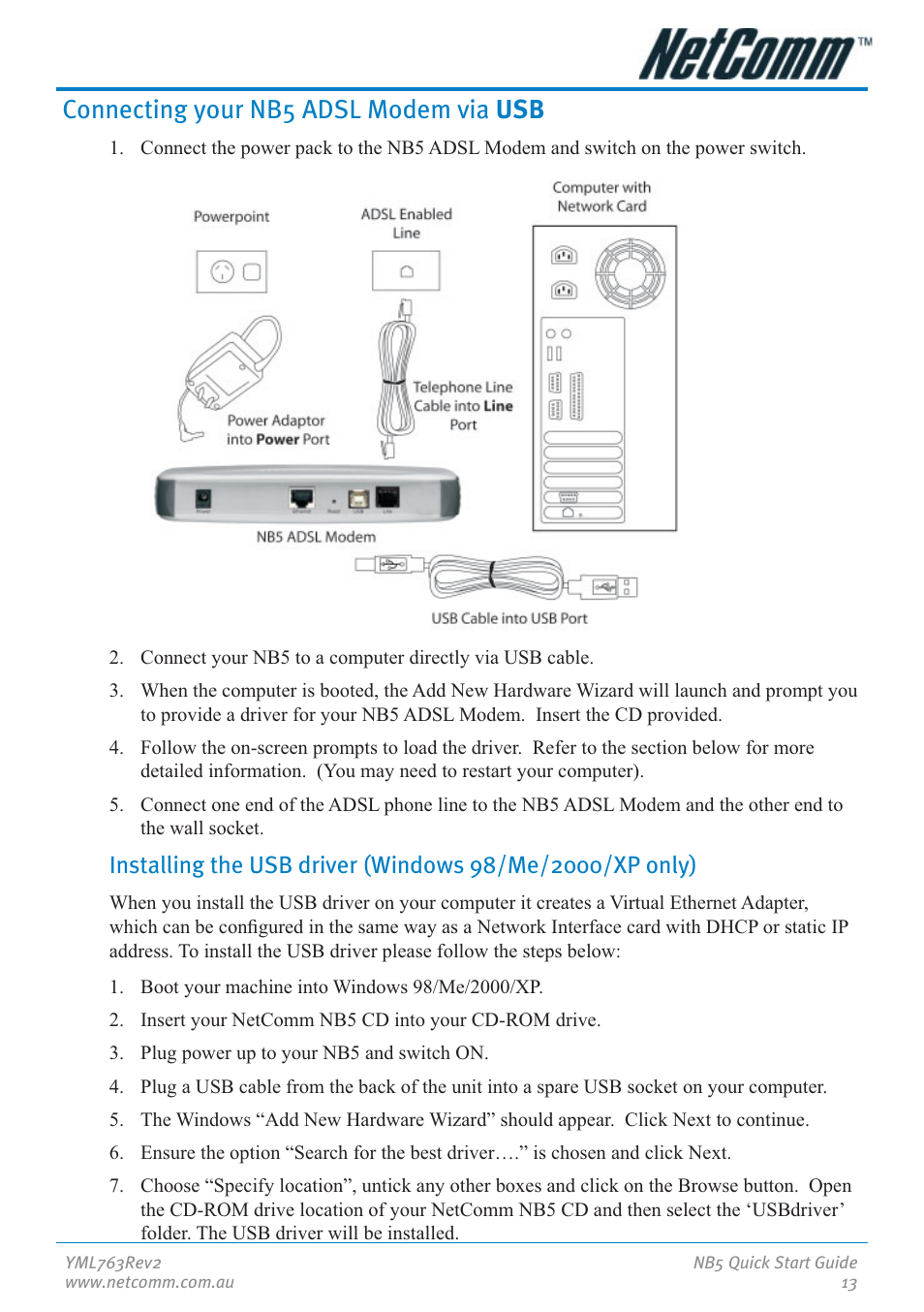 Connecting your nb5 adsl modem via usb | NetComm NB5 User Manual | Page 13 / 28