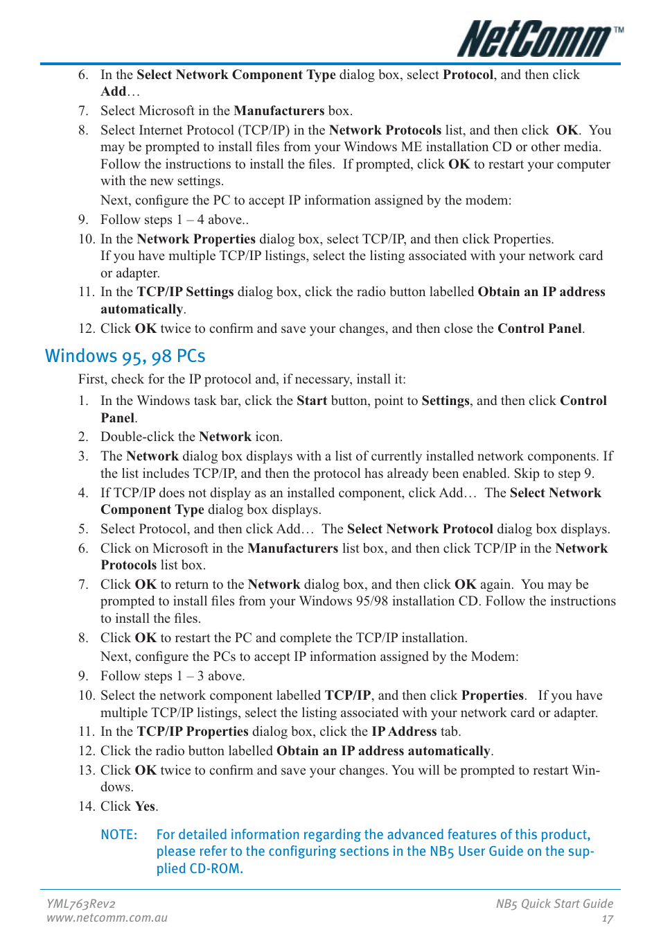 Windows 95, 98 pcs | NetComm NB5 User Manual | Page 17 / 28