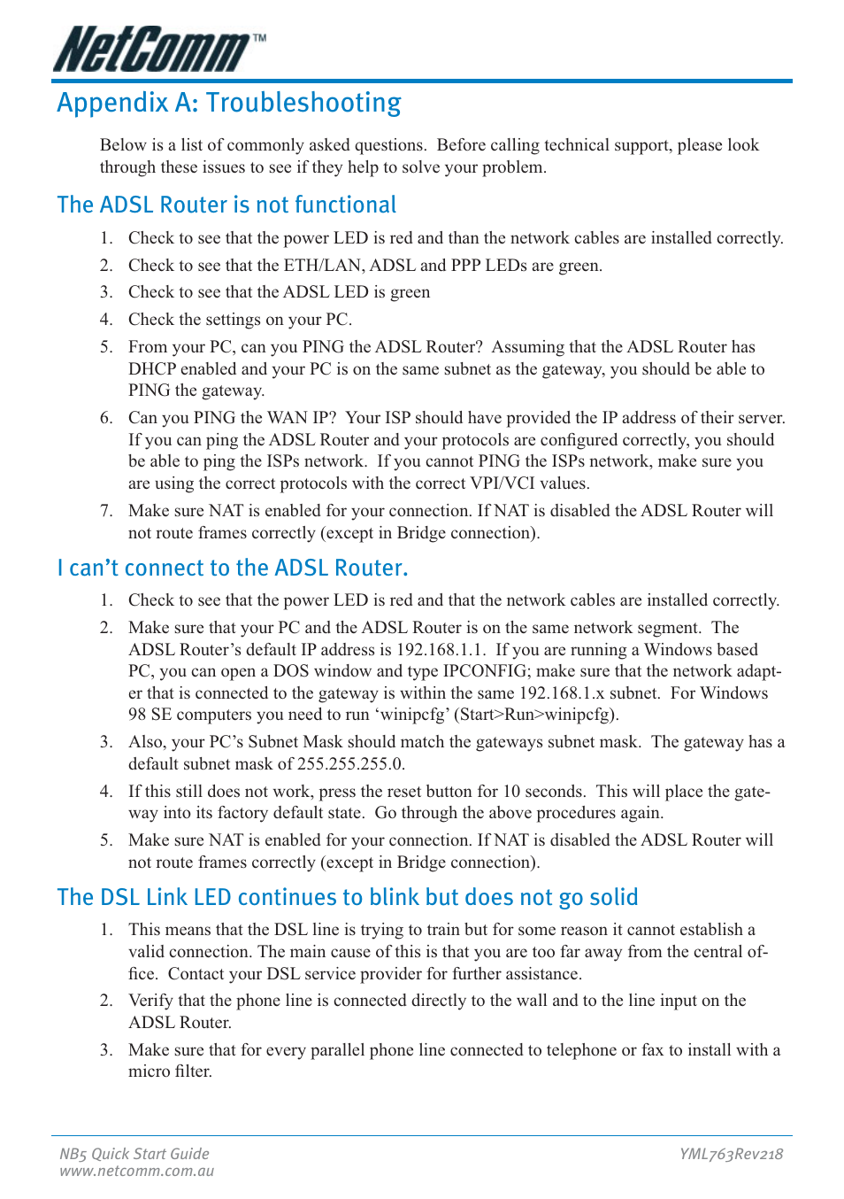 Appendix a: troubleshooting, The adsl router is not functional, I can’t connect to the adsl router | NetComm NB5 User Manual | Page 18 / 28