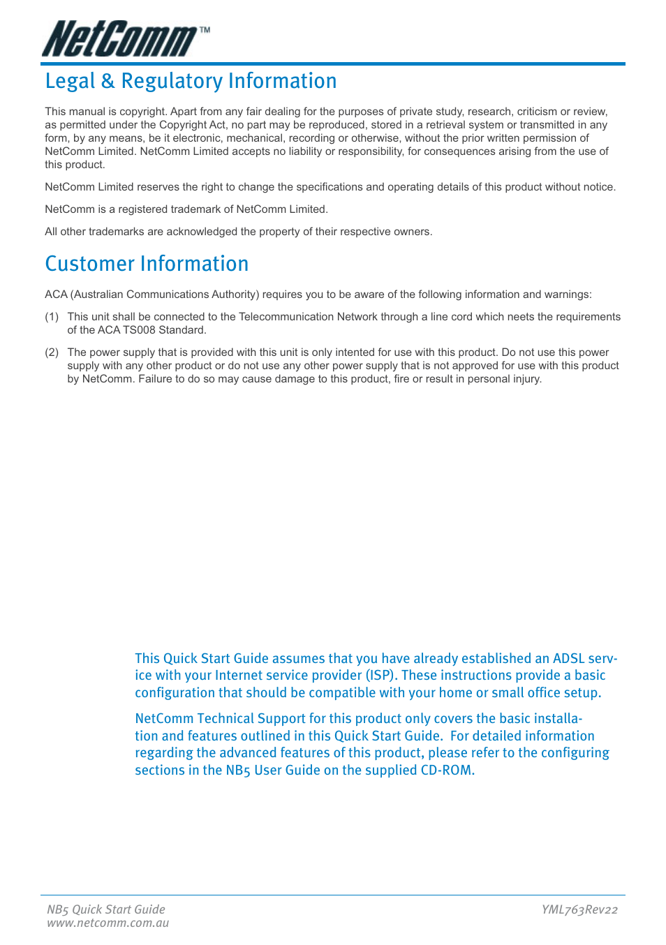 Legal & regulatory information, Customer information | NetComm NB5 User Manual | Page 2 / 28