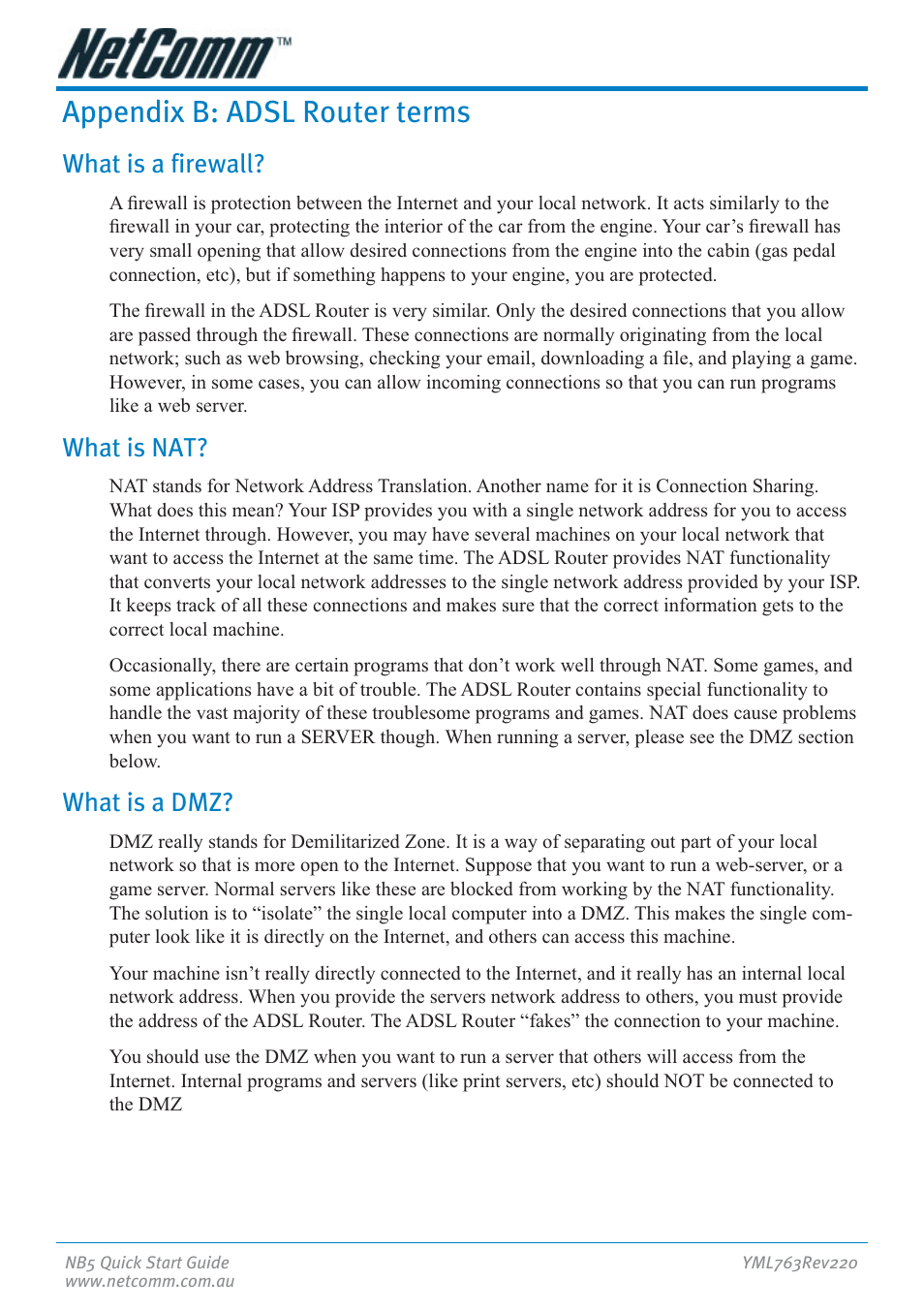 Appendix b: adsl router terms, What is a firewall, What is nat | What is a dmz | NetComm NB5 User Manual | Page 20 / 28