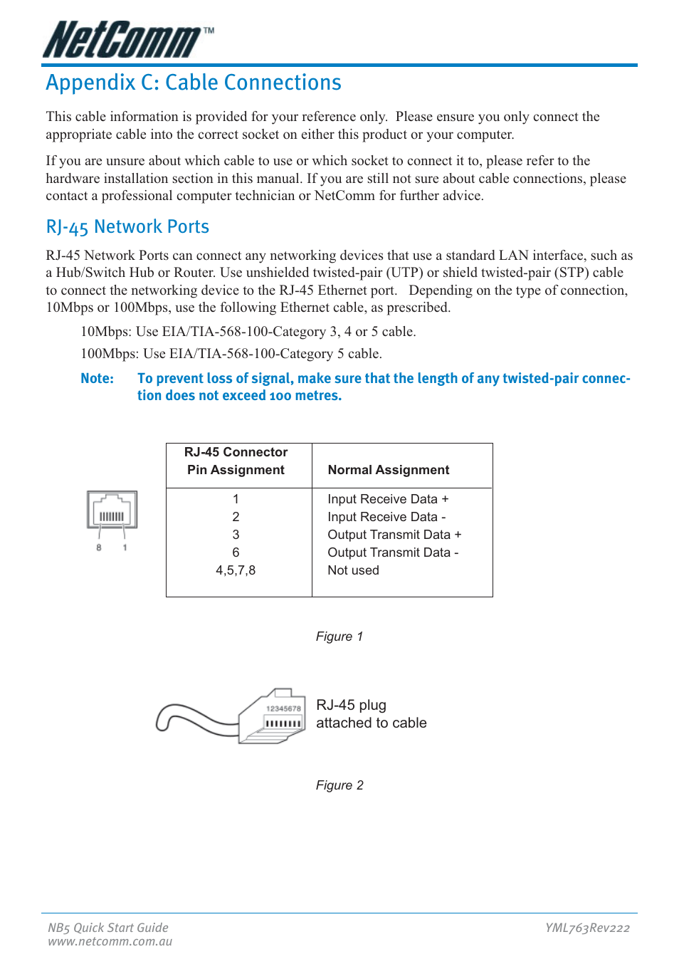 Appendix c: cable connections, Rj-45 network ports | NetComm NB5 User Manual | Page 22 / 28