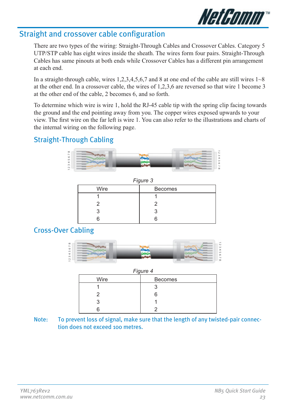 Straight and crossover cable configuration, Straight-through cabling, Cross-over cabling | NetComm NB5 User Manual | Page 23 / 28