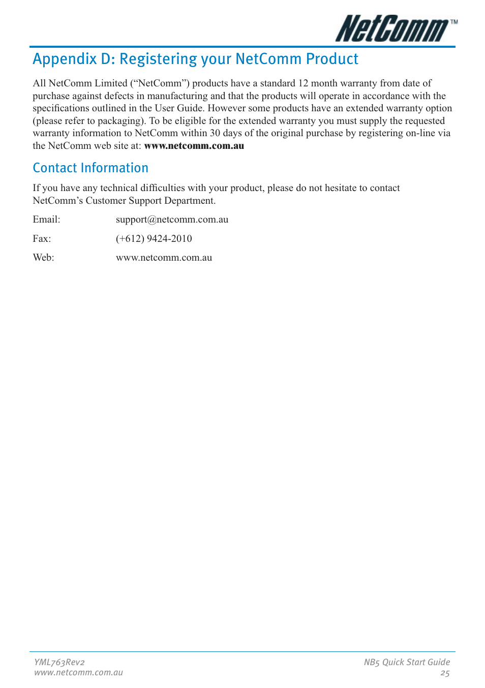 Appendix d: registering your netcomm product, Contact information | NetComm NB5 User Manual | Page 25 / 28