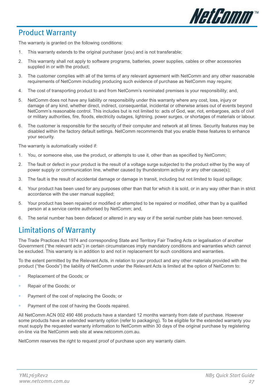 Product warranty, Limitations of warranty | NetComm NB5 User Manual | Page 27 / 28