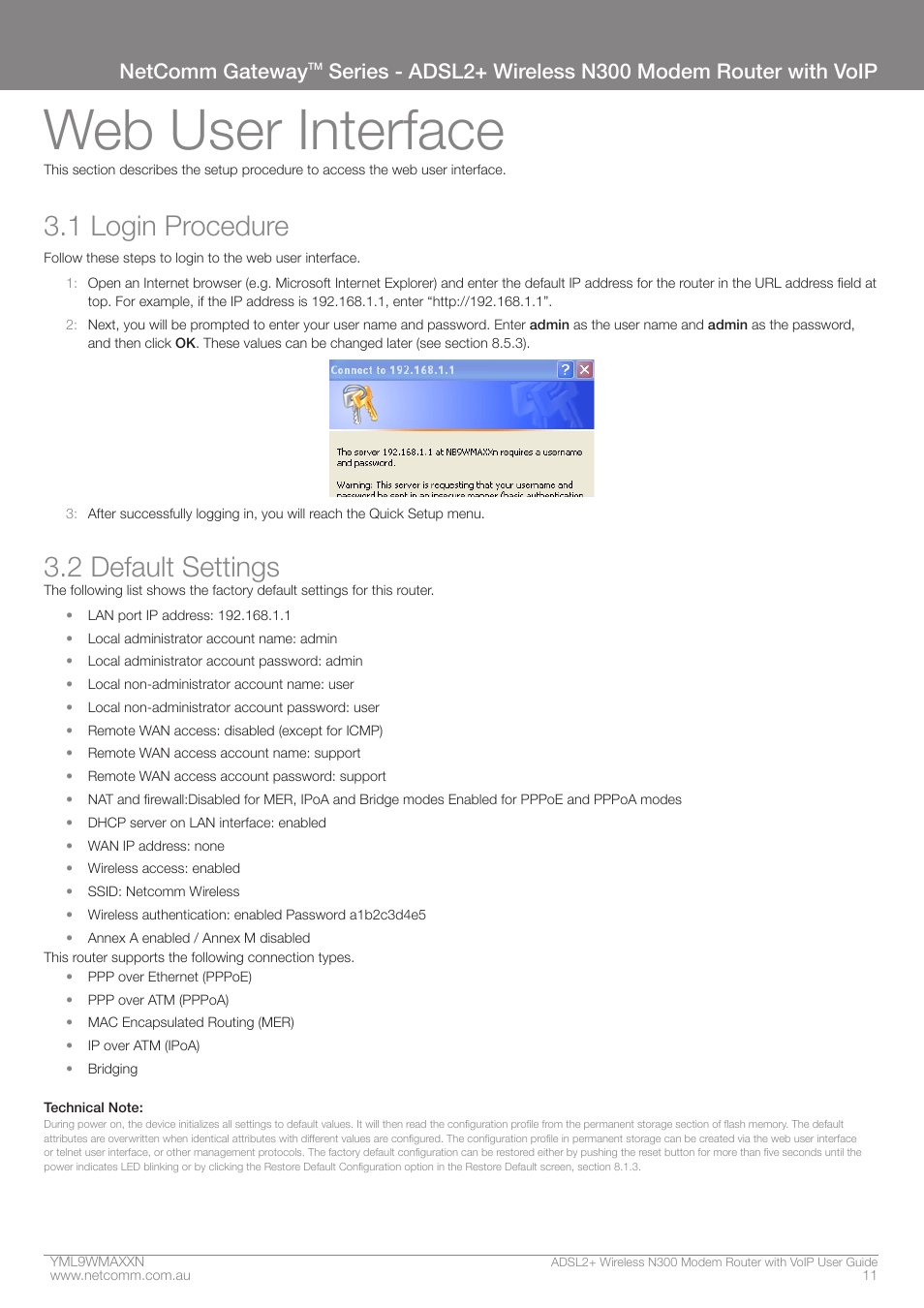 Web user interface, 1 login procedure, 2 default settings | Netcomm gateway | NetComm N300 User Manual | Page 11 / 65