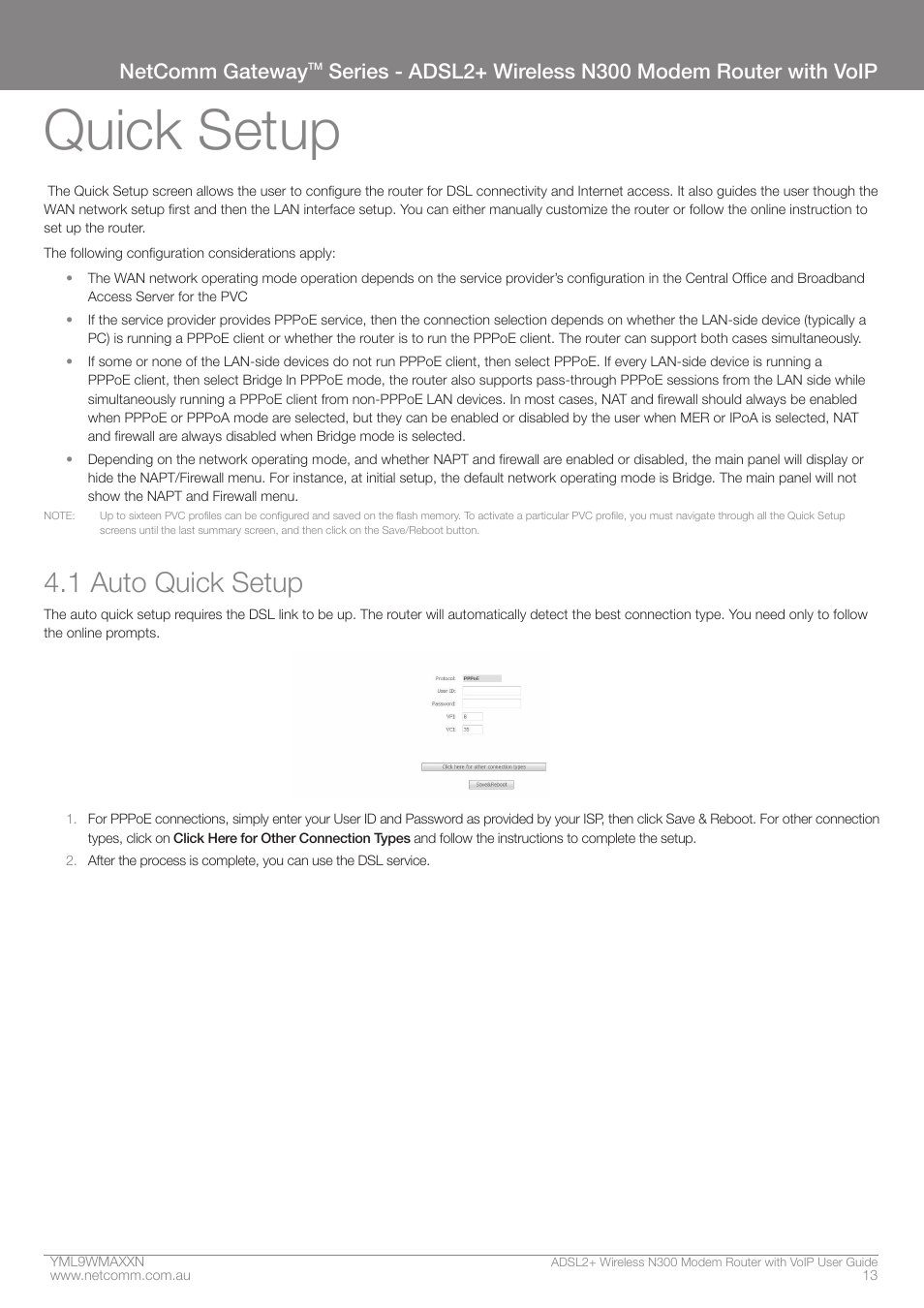 Quick setup, 1 auto quick setup, Netcomm gateway | NetComm N300 User Manual | Page 13 / 65