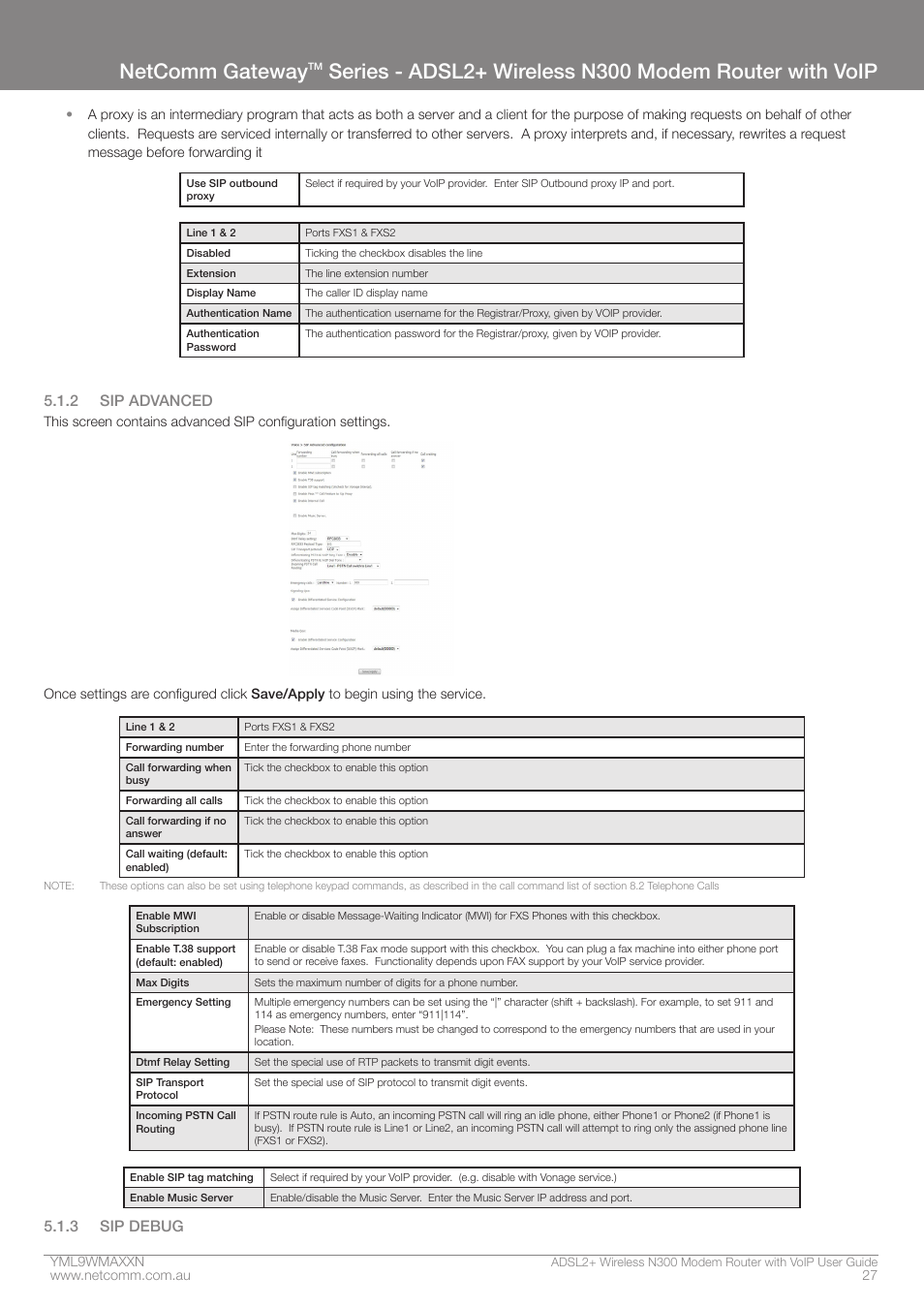 Netcomm gateway, 2 sip advanced, 3 sip debug | NetComm N300 User Manual | Page 27 / 65