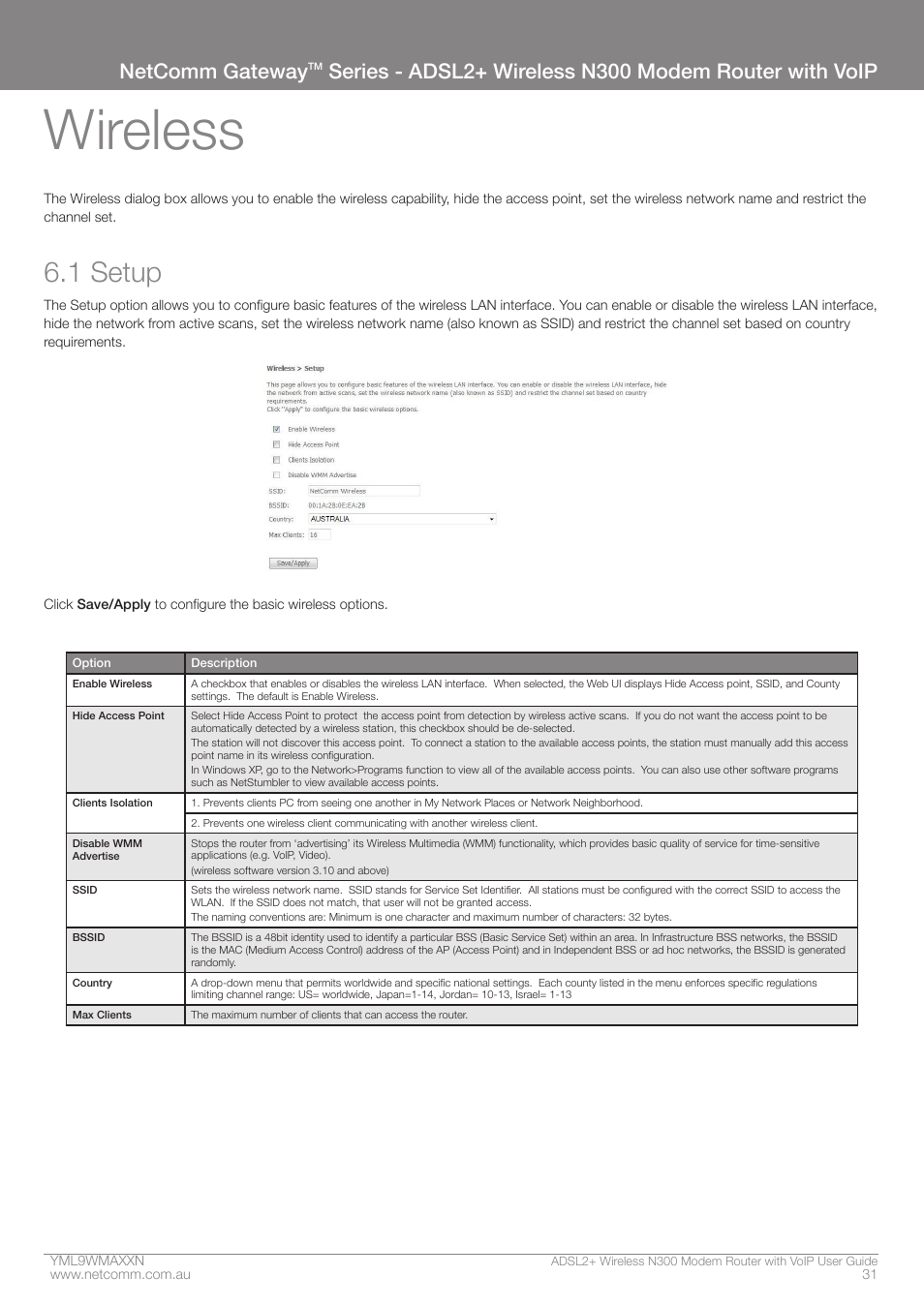 Wireless, 1 setup, Netcomm gateway | NetComm N300 User Manual | Page 31 / 65