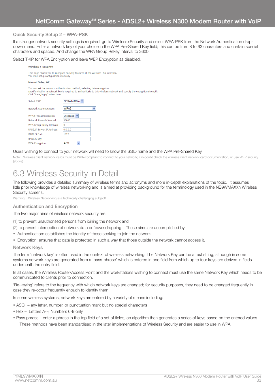 3 wireless security in detail, Netcomm gateway | NetComm N300 User Manual | Page 33 / 65