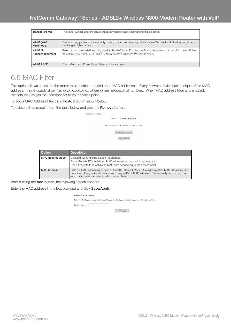 5 mac filter, Netcomm gateway | NetComm N300 User Manual | Page 37 / 65