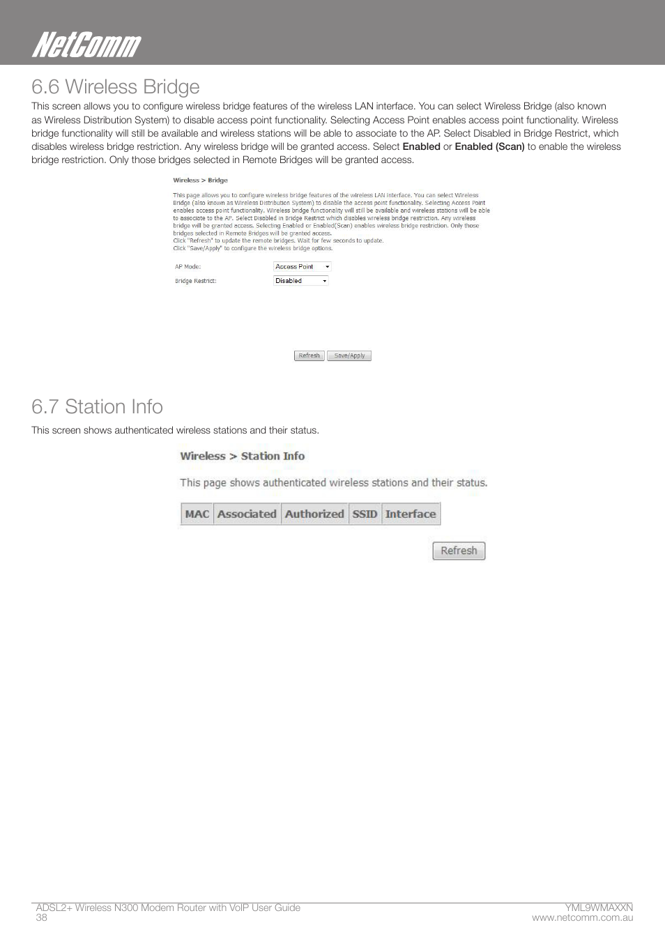 6 wireless bridge, 7 station info | NetComm N300 User Manual | Page 38 / 65