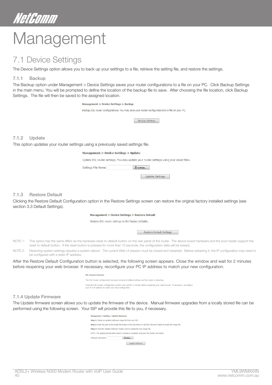 Management, 1 device settings | NetComm N300 User Manual | Page 40 / 65