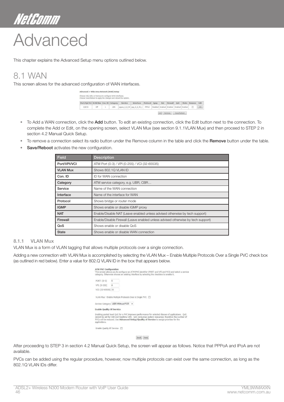 Advanced, 1 wan | NetComm N300 User Manual | Page 46 / 65