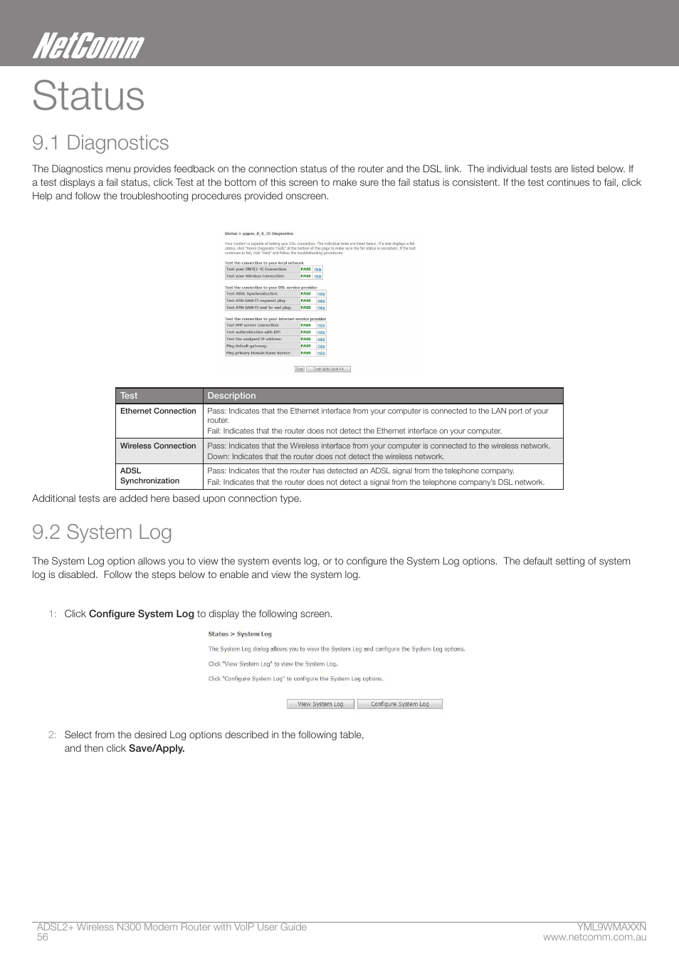 Status, 1 diagnostics, 2 system log | NetComm N300 User Manual | Page 56 / 65