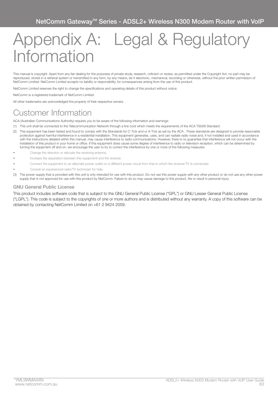 Appendix a: legal & regulatory information, Customer information, Netcomm gateway | NetComm N300 User Manual | Page 63 / 65