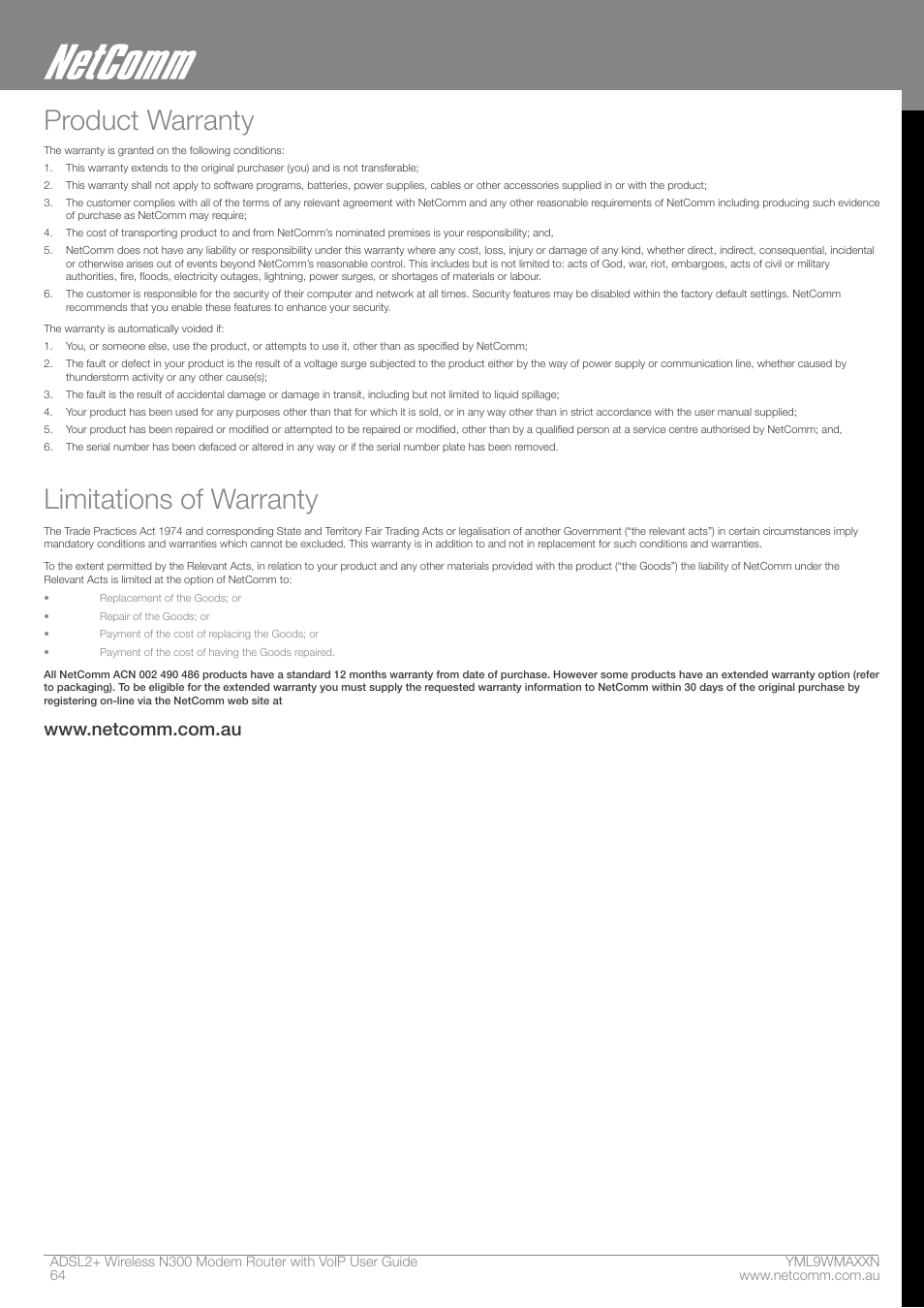 Product warranty, Limitations of warranty | NetComm N300 User Manual | Page 64 / 65