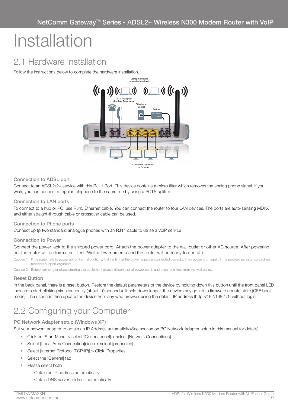 Installation, 1 hardware installation, 2 configuring your computer | Netcomm gateway | NetComm N300 User Manual | Page 9 / 65