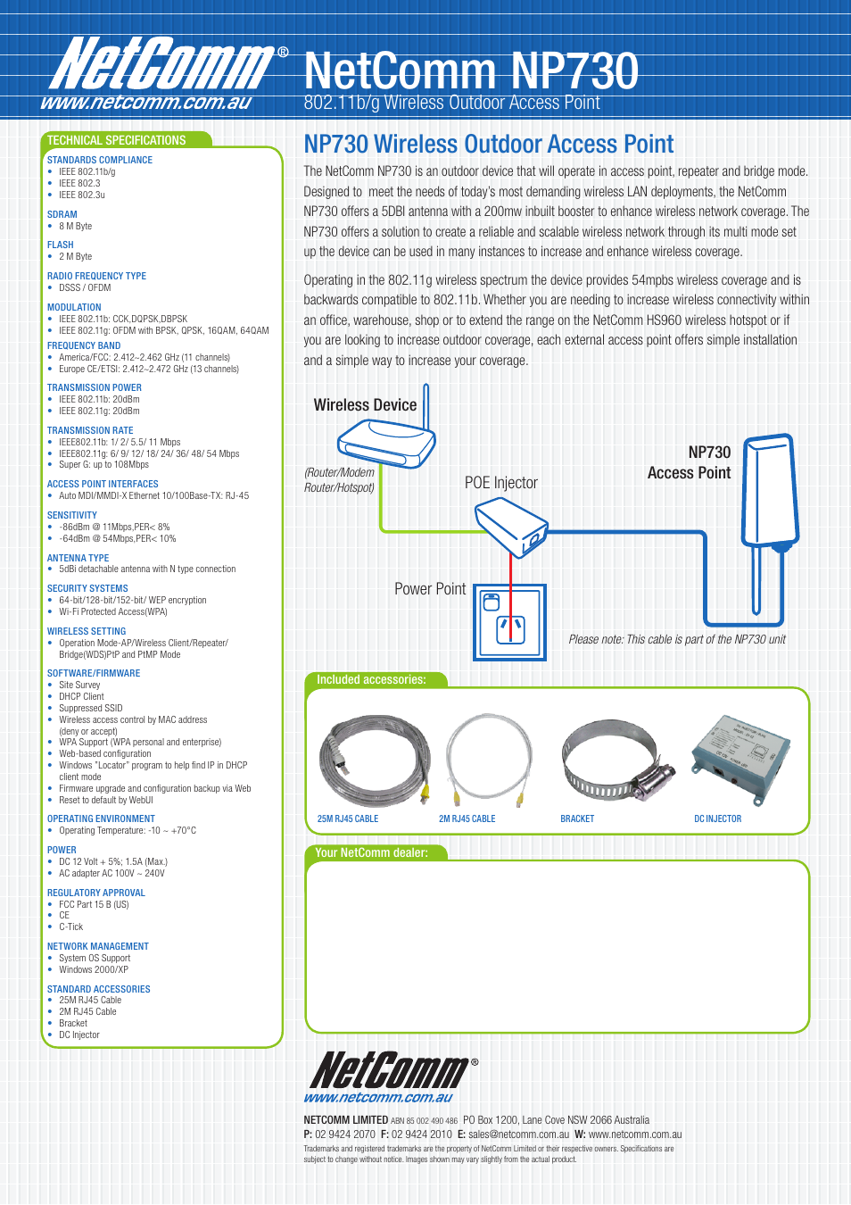 Netcomm np730, Np730 wireless outdoor access point, 11b/g wireless outdoor access point | Poe injector power point np730 access point, Wireless device | NetComm NP730 User Manual | Page 2 / 2