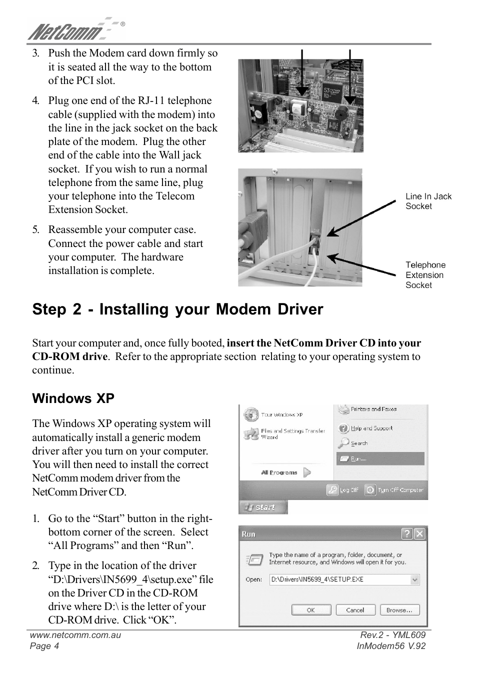 Step 2 - installing your modem driver, Windows xp | NetComm IN5699 User Manual | Page 4 / 12