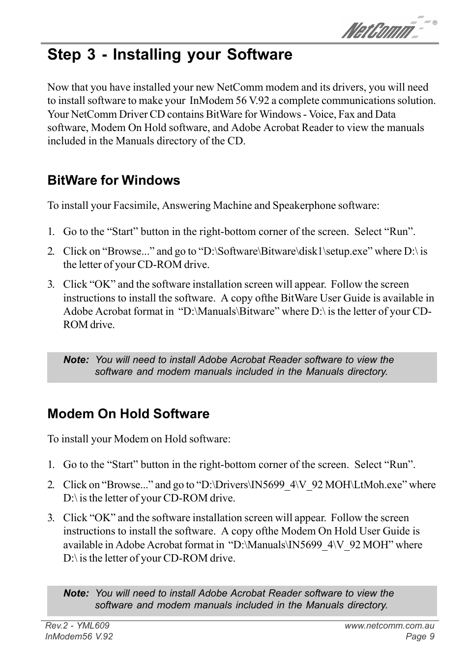 Step 3 - installing your software, Bitware for windows, Modem on hold software | NetComm IN5699 User Manual | Page 9 / 12