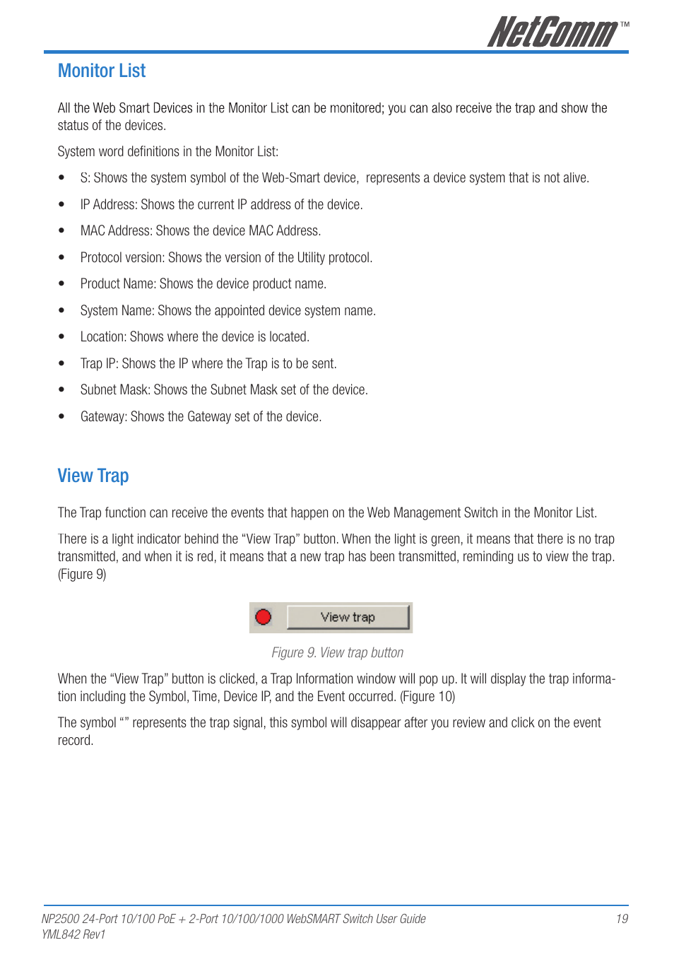 Monitor list, View trap | NetComm NP2500 User Manual | Page 19 / 46