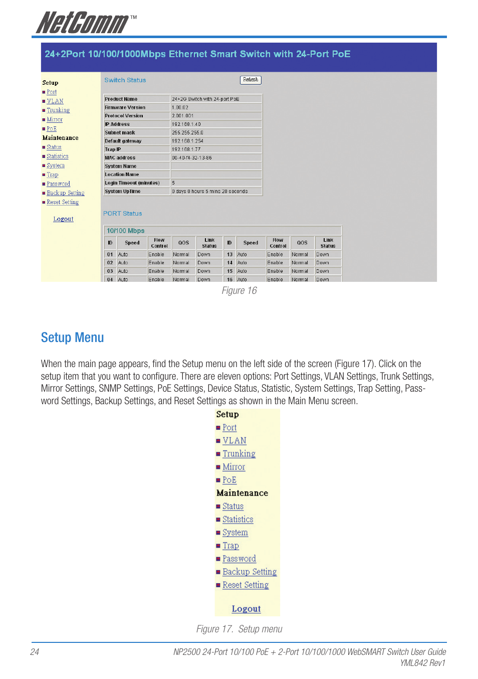 Setup menu | NetComm NP2500 User Manual | Page 24 / 46