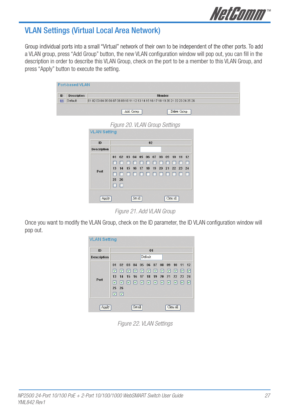 Vlan settings (virtual local area network) | NetComm NP2500 User Manual | Page 27 / 46