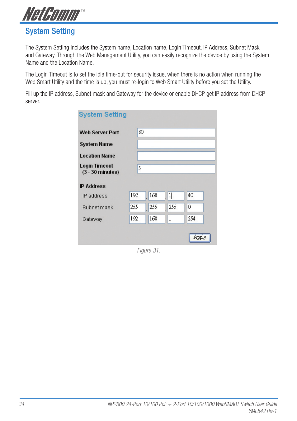 System setting | NetComm NP2500 User Manual | Page 34 / 46