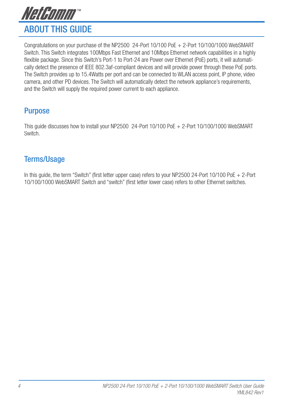 About this guide, Purpose, Terms/usage | NetComm NP2500 User Manual | Page 4 / 46