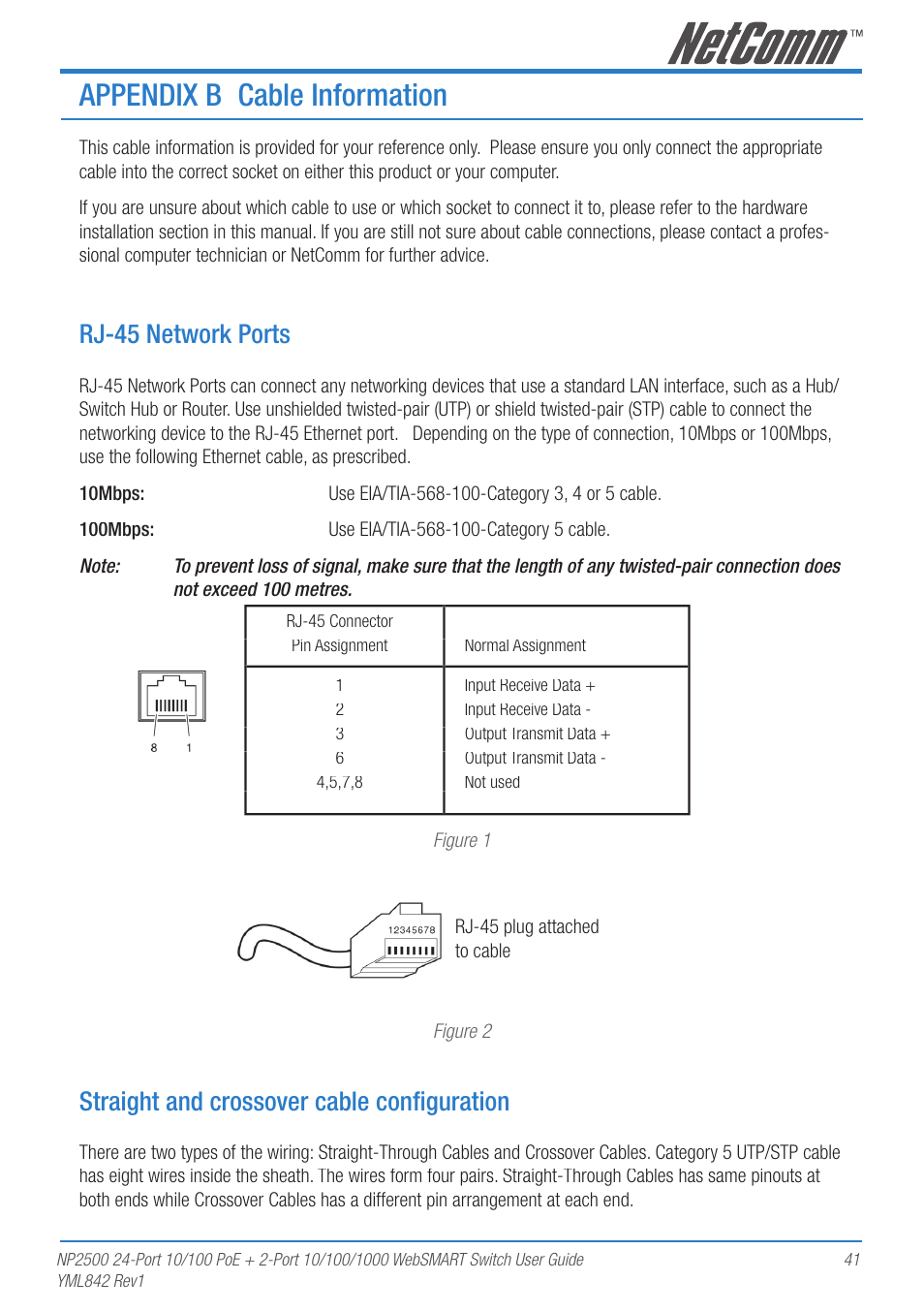 Appendix b cable information, Rj-45 network ports, Straight and crossover cable conﬁguration | NetComm NP2500 User Manual | Page 41 / 46