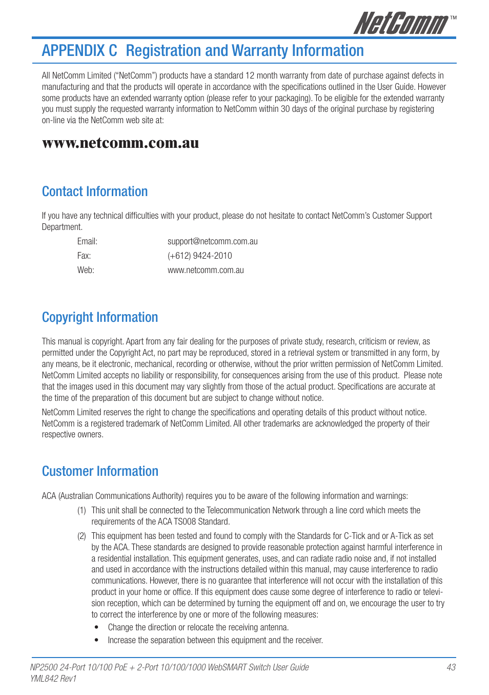 Appendix c registration and warranty information, Contact information, Copyright information | Customer information | NetComm NP2500 User Manual | Page 43 / 46