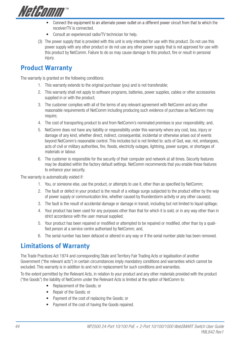 Product warranty, Limitations of warranty | NetComm NP2500 User Manual | Page 44 / 46