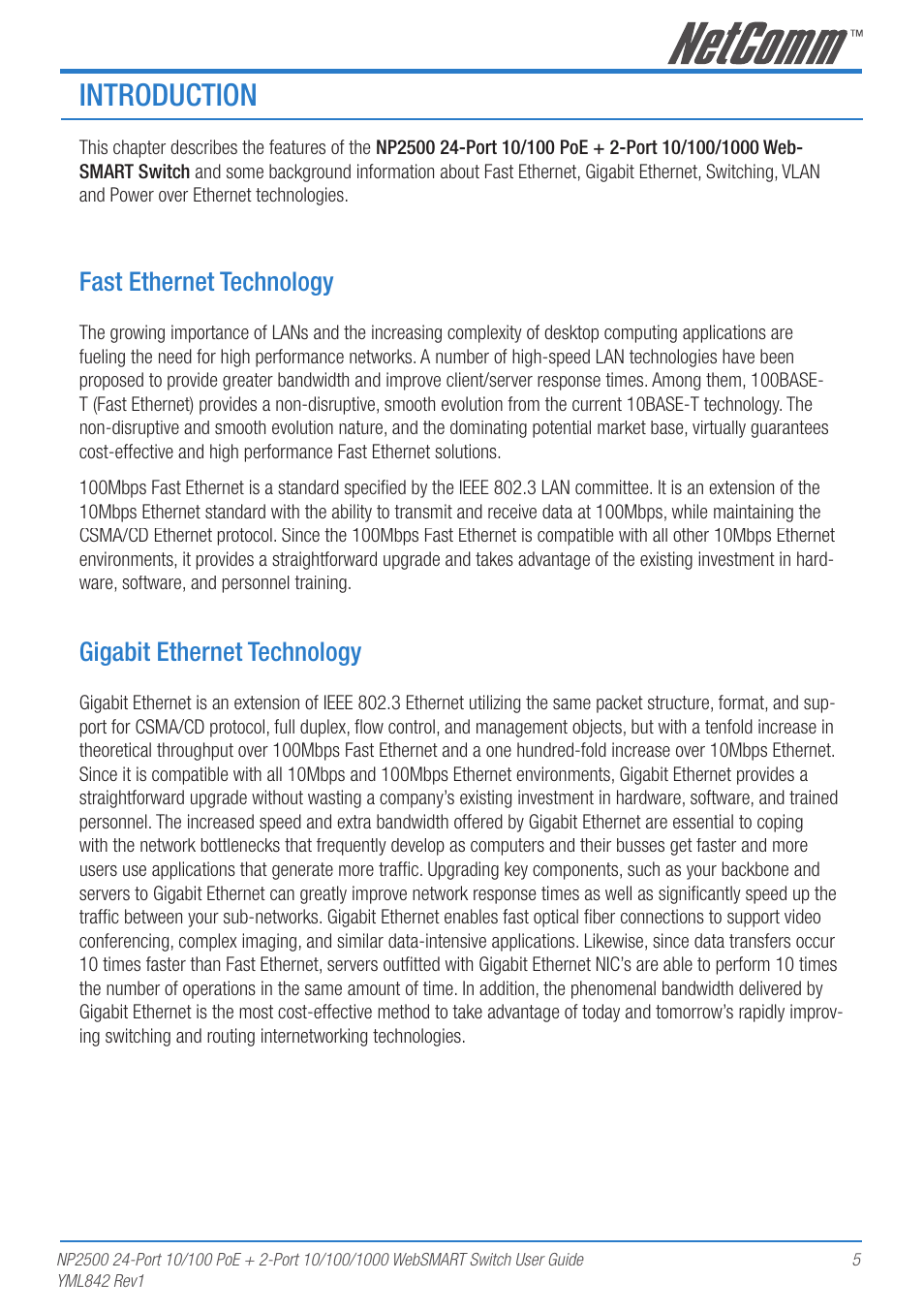 Introduction, Fast ethernet technology, Gigabit ethernet technology | NetComm NP2500 User Manual | Page 5 / 46
