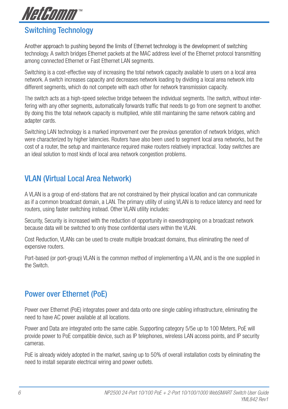 Switching technology, Vlan (virtual local area network), Power over ethernet (poe) | NetComm NP2500 User Manual | Page 6 / 46
