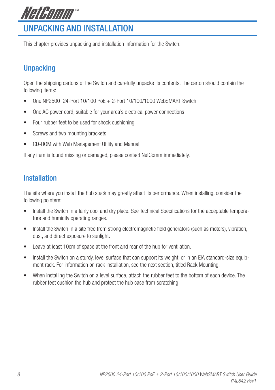Unpacking and installation, Unpacking, Installation | NetComm NP2500 User Manual | Page 8 / 46