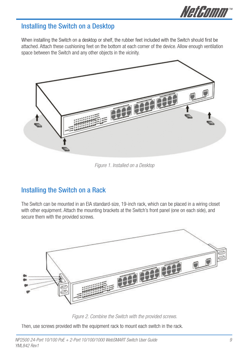 Installing the switch on a desktop, Installing the switch on a rack | NetComm NP2500 User Manual | Page 9 / 46