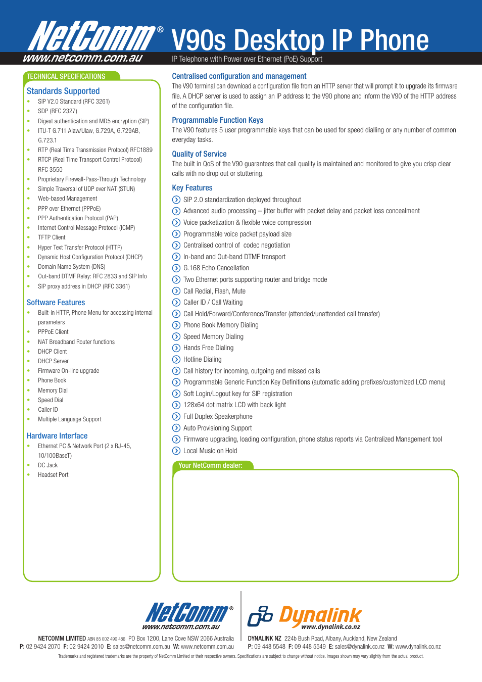 V90s desktop ip phone, Standards supported | NetComm V90s User Manual | Page 2 / 2