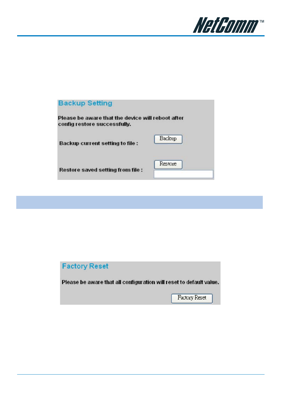 Backup setting, Reset setting, Logout | NetComm NP3024 User Manual | Page 33 / 44