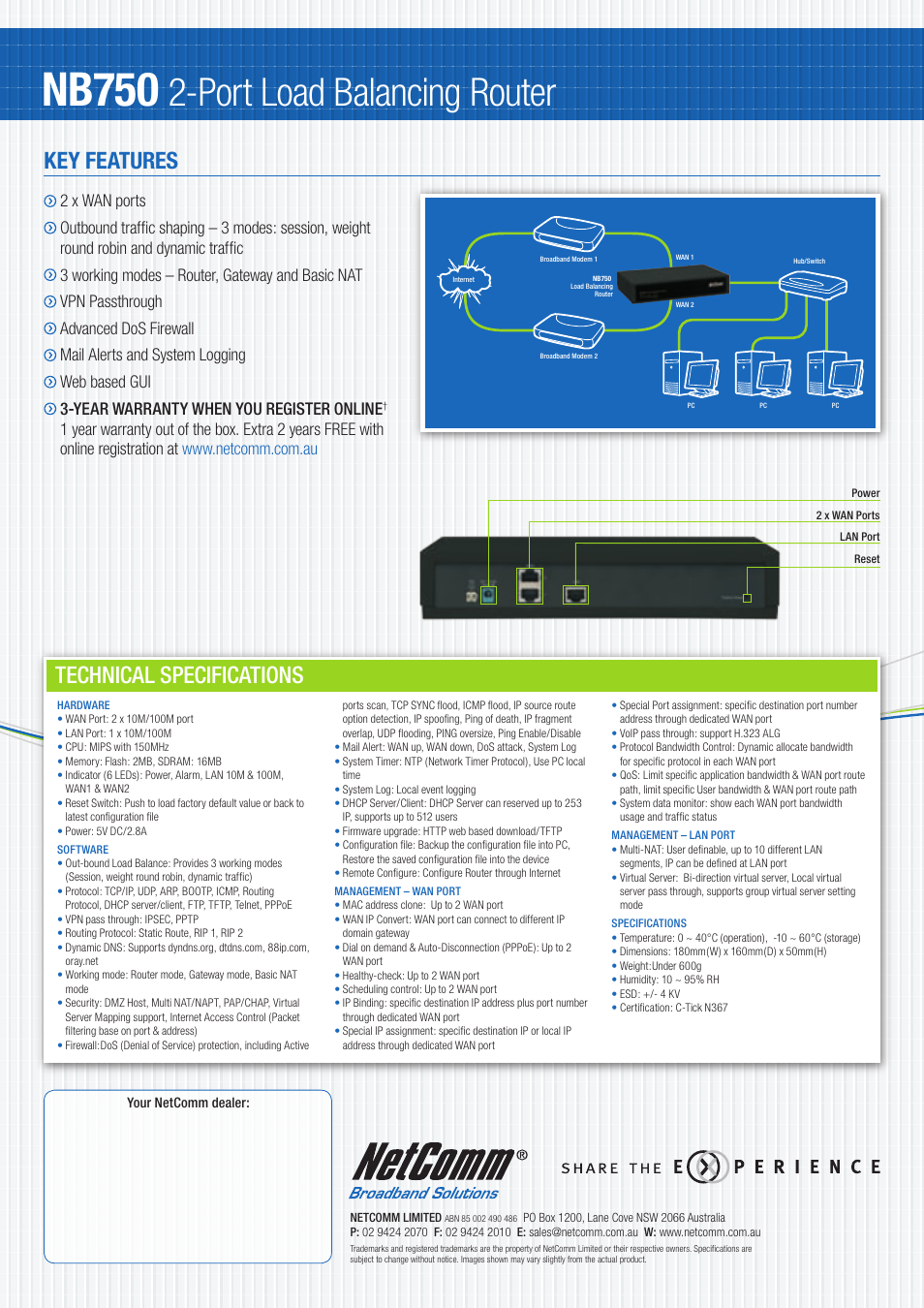 Nb750, Port load balancing router, Technical specifications | Key features | NetComm NB750 User Manual | Page 2 / 2