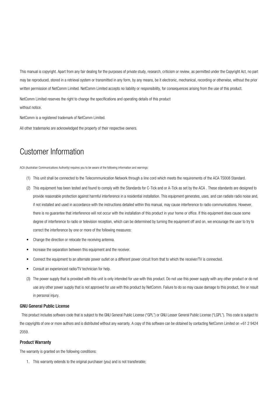 Appendix j: legal & regulatory information, Customer information, Gnu general public license | Product warranty | NetComm HS1100 User Manual | Page 210 / 212