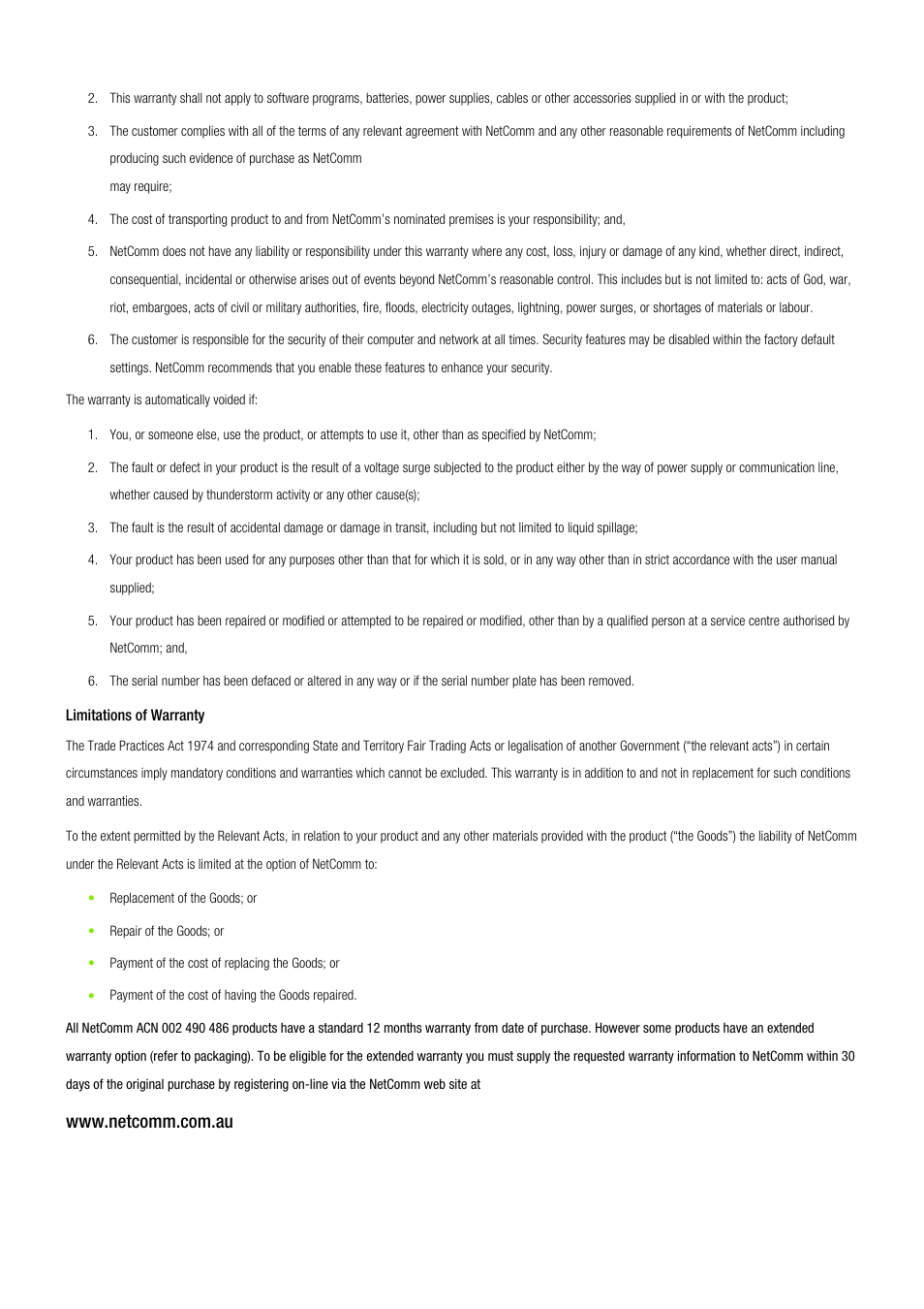 Limitations of warranty | NetComm HS1100 User Manual | Page 211 / 212