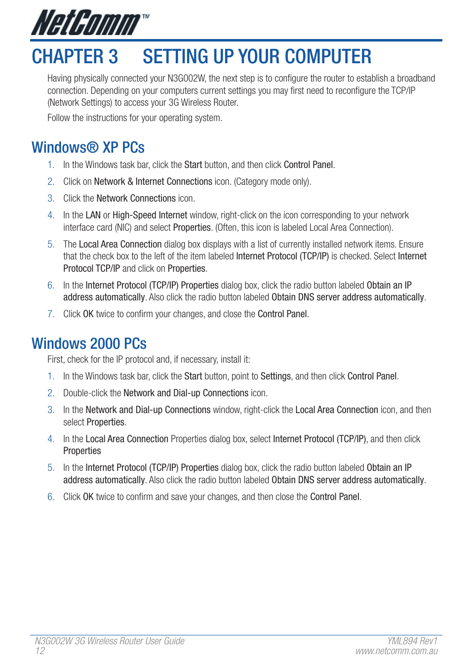 Chapter 3 setting up your computer, Windows® xp pcs, Windows 2000 pcs | NetComm N3G002W User Manual | Page 12 / 72