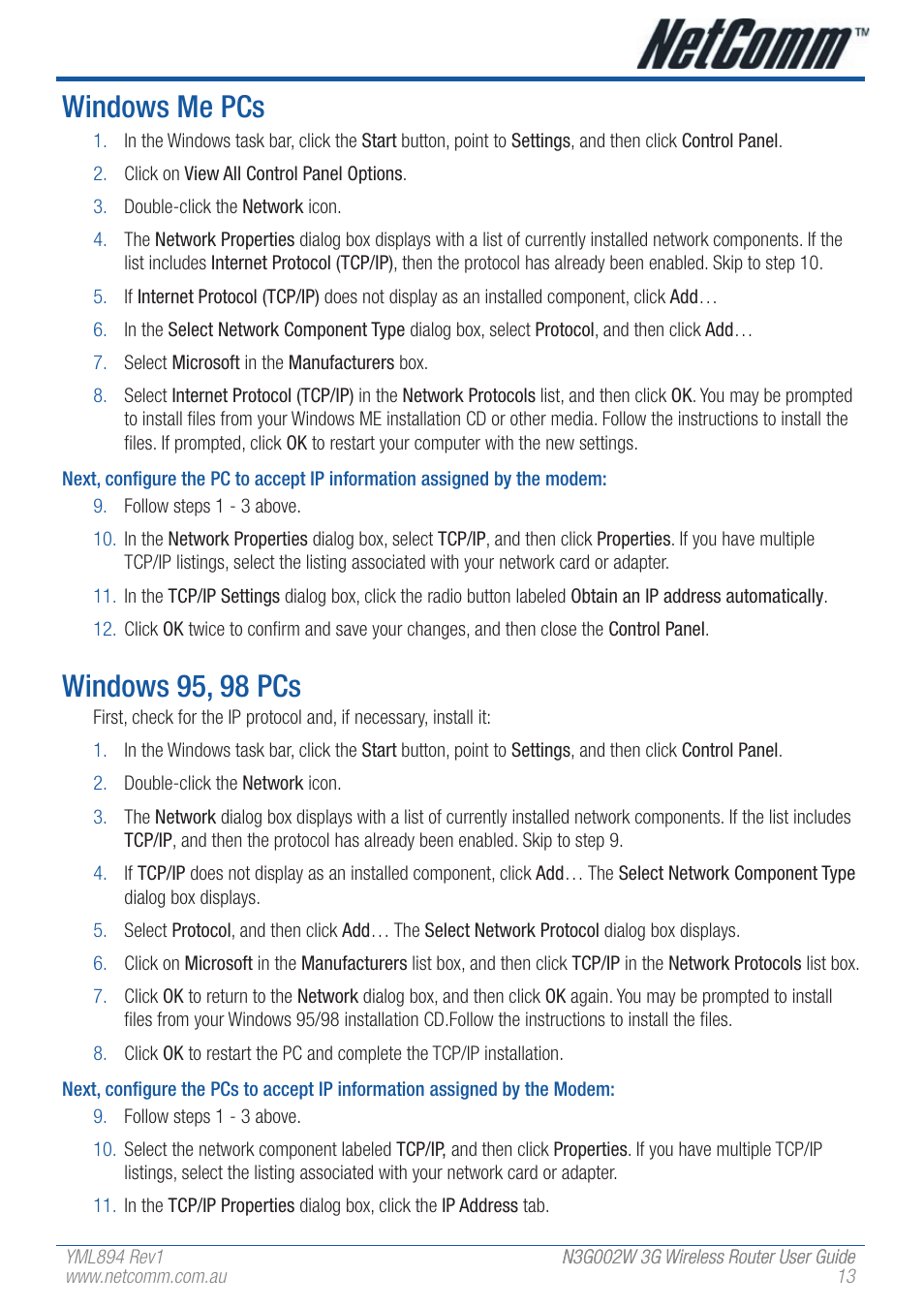 Windows me pcs, Windows 95, 98 pcs | NetComm N3G002W User Manual | Page 13 / 72