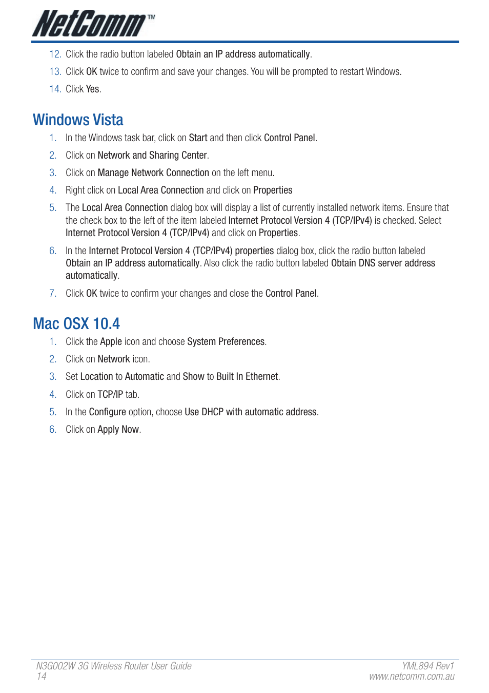 Windows vista, Mac osx 10.4 | NetComm N3G002W User Manual | Page 14 / 72
