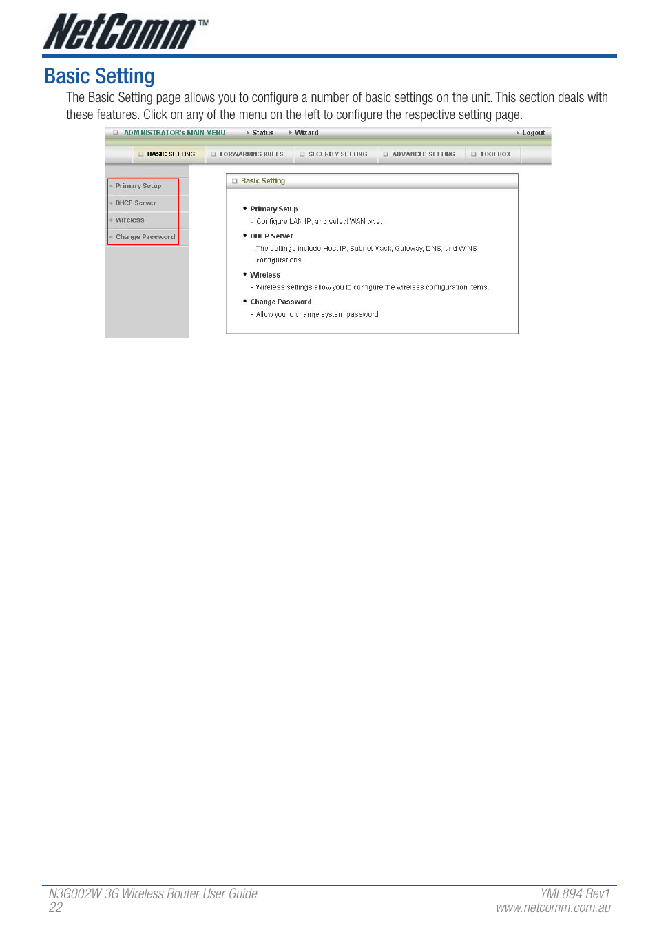 Basic setting | NetComm N3G002W User Manual | Page 22 / 72