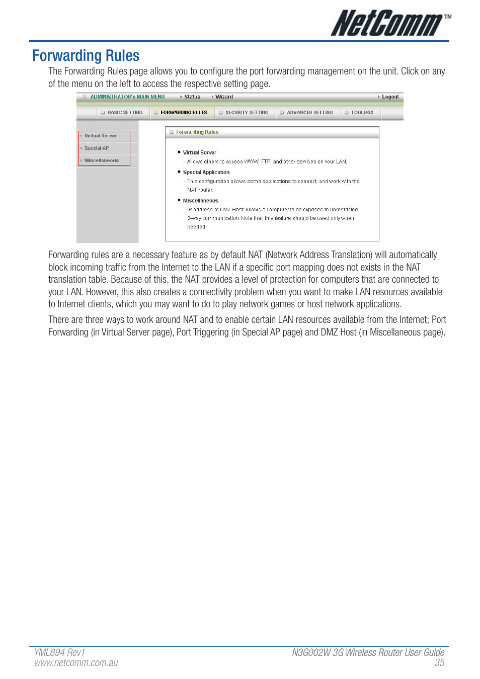 Forwarding rules | NetComm N3G002W User Manual | Page 35 / 72