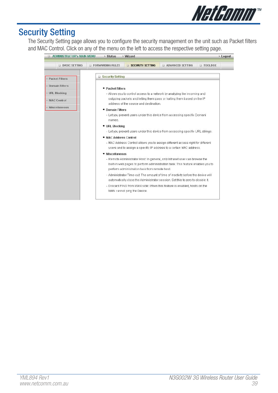 Security setting | NetComm N3G002W User Manual | Page 39 / 72